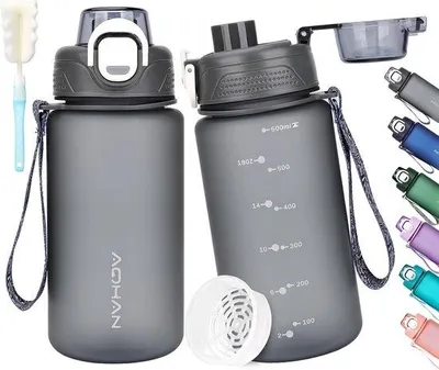 Image de Bouteille de sport 600 ml, sans BPA, pour boissons gazeuses, anti-fuites, bouteille de sport motivante avec filtre, pour le vélo, le fitness, la randonnée et l'école