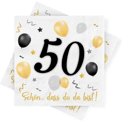 Productafbeelding van Servetten voor 50e verjaardag, 30 stuks, zwart-goud, 3-laags, papieren servetten, tafeldecoratie