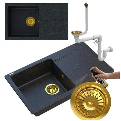 Produktbild von Granitan - Granitspüle - Spülbecken - Küchenspüle Schwarz-Gold - mit Siphon und Imprägnierung - TRENDY