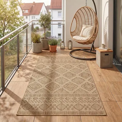 Produktbild von Carpetsale24 Outdoor Teppich Beige Jute Optik 60x100 cm Balkon Terrasse Garten Wetterfest UV-beständig Klein Rauten Design Flachgewebe