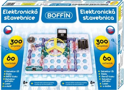 The image shows the packaging of an electronic construction kit, with a depiction of the kit's components and a sample circuit board setup.