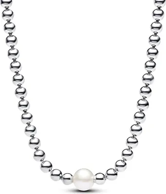 A silver beaded necklace with a single pearl in the center, displayed against a white background.