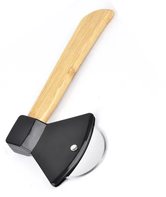 Imagen del producto de Cuchillo para pizza de acero inoxidable 430, con mango de bambú y plástico (PP), diseño ergonómico y forma redonda, ideal para cortar pizza en casa o en restaurantes. Color: