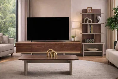 Immagine prodotto di Elegante set da soggiorno marrone, composto da divano e mobile TV a basso profilo, e un raffinato tavolino