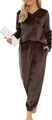 Productafbeelding van Dames pyjamaset met lange mouwen van fluweel, tweedelig huispak voor de winter