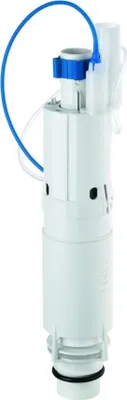 A white toilet flush valve with a blue hose, isolated on a white background.