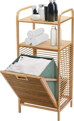 A bamboo shelf unit with a laundry basket and toiletries.