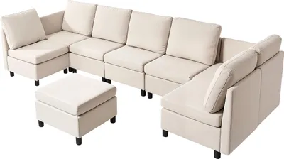 Image de SucceBuy Canapé d'angle modulable avec espace de rangement caché, canapé-lit rembourré avec mousse haute résilience, canapé 7 places avec cadre stable en bois massif pour le salon et la chambre à coucher