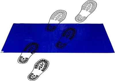 A blue mat with several black and white shoe prints around it, suggesting its use for cleaning shoes.