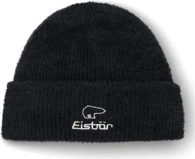 A black knitted beanie with a white embroidered logo.