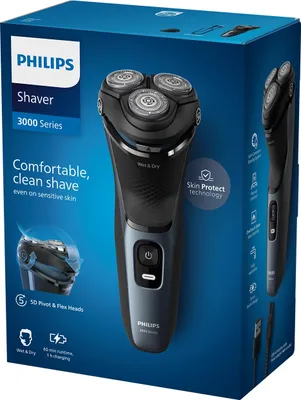 Produktbild von Philips 3000 series Shaver S3144/00 Elektrischer Nass- und Trockenrasierer, Rotationstrasierer, Blau, PowerCut blade system; 27 self-sharpening blades; 55.000 cuts/minute, For best results, replace shaving heads every 24 months. Use SH30 replacement heads, sold..., 2 Jahr(e), Akku