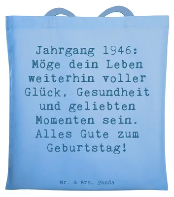 Produktbild von Mr. & Mrs. Panda Tote Bag Spruch 1946 Geburtstag - Sky Blue - Geschenk, festival tasche, Schultasche, Glückwünsche, Geschenke für, dokumententasche, Geburtstagsgruß, Uni