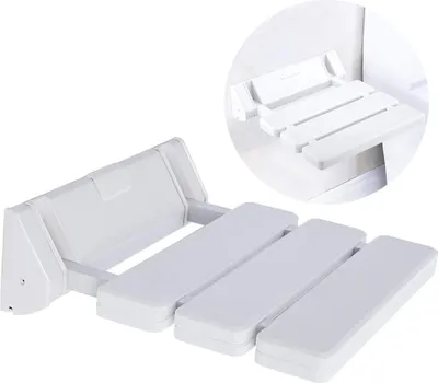 Produktbild von Duschklappsitz, Wandmontage Duschsitz, Duschstuhl klappbar, bis 130kg Tragkraft Zusammenklappbar Duschhocker Dusche Sitzgelegenheit Stuhl Weiß