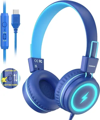 Produktbild von Kinder Kopfhörer für Schule, USB Typ C Kinder Kopfhörer mit LED-Leuchten, verdrahtete Jungen Mädchen Kopfhörer mit Safe Limiter 85dB/94dB, Faltbare