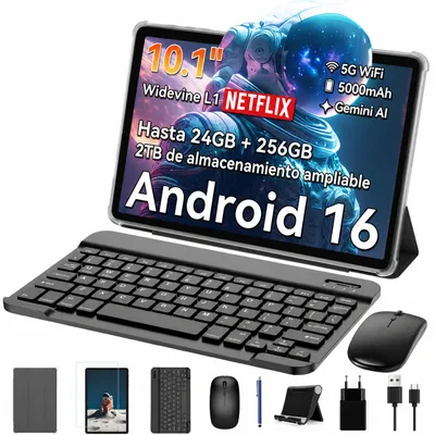 Immagine prodotto di TABWEE T20 Tablet Android 16 da 10,1 pollici, 24+256 GB con accessori, Face ID, Widevine L1, 5G WiFi, Gemini AI, 8 MP + 5 MP, GPS