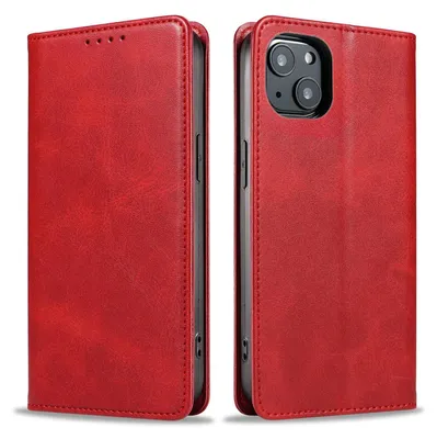 A red leather flip case for an iPhone 14 is shown from two angles.