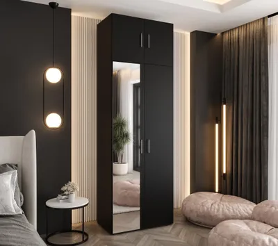 Produktbild von Drehtürenschrank 242x80x48 cm Schwarz mit Spiegel und Aufsatz – Moderner Kleiderschrank mit viel Stauraum für Schlafzimmer und Flur