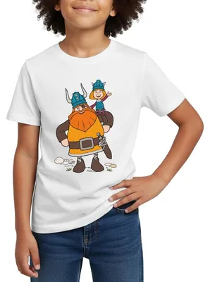 Produktbild von Spreadshirt Wickie Und Die Starken Männer Halvar Trägt Wickie Kinder T-Shirt, 110/116 (5-6 Jahre), Weiß
