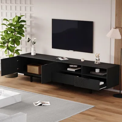 Productafbeelding van MODFU TV, lage kast met 2 deuren en 2 lades, geschikt voor televisies tot 90 inch, TV-meubel voor woonkamer of eetkamer, zwart