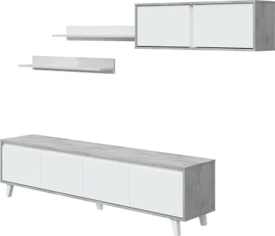 Produktbild von Wohnwand Dmuldu, Wohnzimmerset, Mehrzweck-Wohnzimmermöbel, moderne Wohnwand, 200x41h50 cm, Zement und glänzendes Weiß