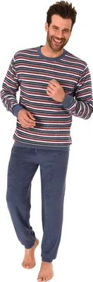 Produktbild von Herren Frottee Pyjama mit Bündchen Schlafanzug in lässiger Streifenoptik - 291 101 13 845 ; blau , 54