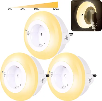 Image de 3 pièces LED veilleuse Prise gradable Capteur crépusculaire,Lampe de nuit auto/on/off Touch chambre salon couloir cave escalier,Blanc chaud