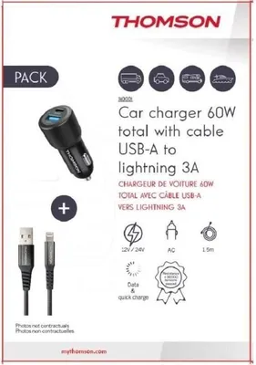 Zdjęcie produktu dla Ładowarka Samochodowa Thomson 60W, Kabel Lightning 3A, Długość 1.5m