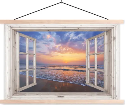 Produktbild von MuchoWow® Textilposter Aussicht - Meer - Strand - Sonnenuntergang - Blau 60x40 cm mit holzfarbenen Rahmen - Bilder