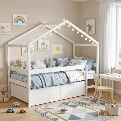 Produktbild von Hausbett MIKA mit Schubladen / Kinderbett 90x190 - Weiß