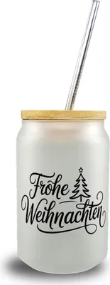 Produktbild von Weihnachtsbaum Trinkglas mit Bambusdeckel frohe Weihnachten