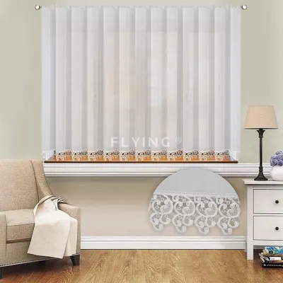 A sheer white curtain with a decorative lace trim is shown hanging over a window. A chair with a draped cloth is to the left, and a nightstand with a lamp is to the right. A close-up of the lace trim is also shown.