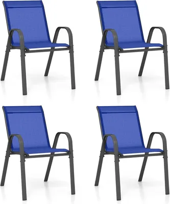 Four blue outdoor chairs are arranged in a two-by-two grid on a white background.