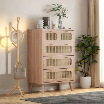 Image de Armoire de rangement en rotin, 5 tiroirs, profondeur 30 cm, avec système anti-basculement