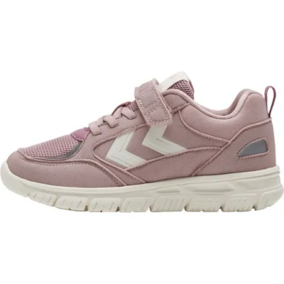 A side view of a pink child's sneaker with white accents.