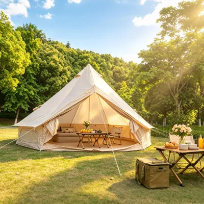 Produktbild von AIORBER Glockenzelt 400cm Jurte Zelt für 4-8 Personen mit Ofenrohrdurchführung Wasserdichtes Glamping Familienzelt 4 Jahreszeiten Campingzelt, Beige