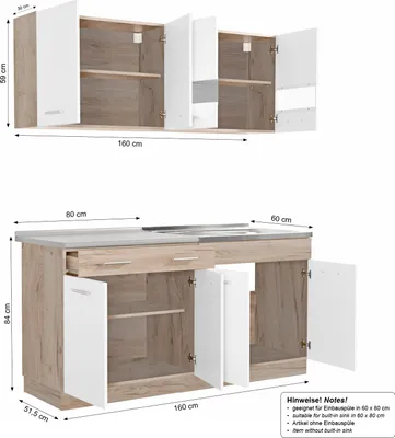 Produktbild von Homestyle4u Küchenzeile 160 cm breit ohne Geräte hell Weiß matt Küchenzeile ohne Geräte Einbauküche Singleküche Eiche