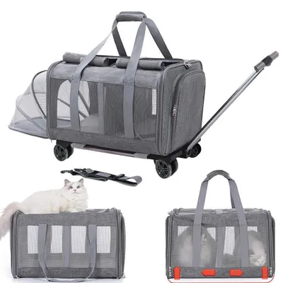 Produktbild von Faltbare Katzentransportbox für Katzen & kleine Hunde, erweiterbar, 2 Fächer, Trolley mit Rollen, Netzfenster, Grau