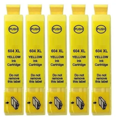 Five yellow ink cartridges are lined up against a white background.