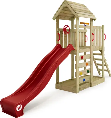 A wooden play structure with a red slide, climbing wall, and ladder, set against a white background.