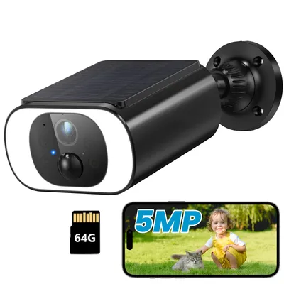 Image de 5MP FHD Caméra de surveillance extérieure Batterie avec panneau solaire 100% Caméra sans fil Surveillance extérieure Solaire Projecteur 2 voies Audio Sans abonnement avec 64G