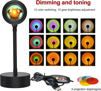 A sunset projection lamp with multiple color options and a remote control.