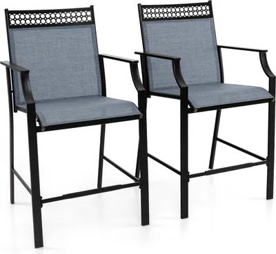 Two blue outdoor bar stools with black metal frames are shown against a white background.