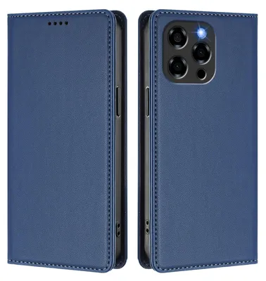 A product image showing a blue flip phone case from two angles.