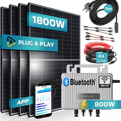 Produktbild von SUNNIVA® 1800W Balkonkraftwerk 800W komplett Steckdose - Ecoflow 800W Wechselrichter - PV Solaranlage - 4x450W Solarmodule - 5m Kabel - WIFI