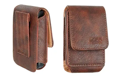 Two views of a brown leather phone case with a belt clip.