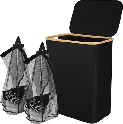 Produktbild von Faziango Wäschekorb 145L mit Deckel und 2 Fächern, Faltbarer Wäschesortierer mit 2 herausnehmbaren Wäschesäcken, Wäschesammler, Schwarz