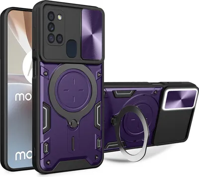 Produktbild von Handyhülle für Samsung Galaxy A21s  Dual-Layer Stoßfest Rüstung Hülle mit Dia Kameraschutz und Kreisförmig Ring Ständer Lila