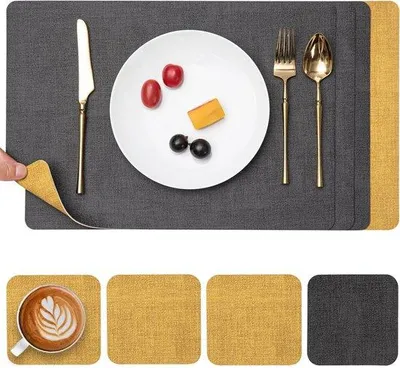 Immagine prodotto di Tovagliette, lavabili, in pelle e sottobicchieri, tovagliette bifacciali, set da 4 pezzi, antiscivolo, in pelle, Similcuoio, tovagliette (grigio, giallo, set da 4)