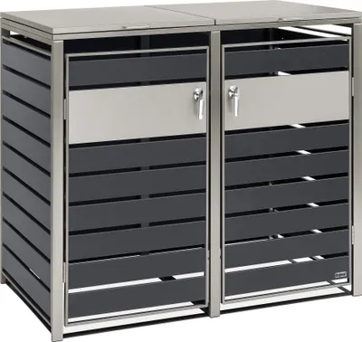 A two-bin outdoor trash can enclosure with a stainless steel frame and anthracite-colored slats.