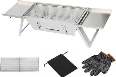 Produktbild von Tragbarer, faltbarer Holzkohlegrill aus Edelstahl für den Außenbereich mit Handschuh und Tragetasche – robuster Grill für Camping, Picknick und Garten